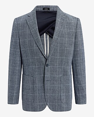 Extra Slim Navy Plaid Cotton-Linen Suit Jacket