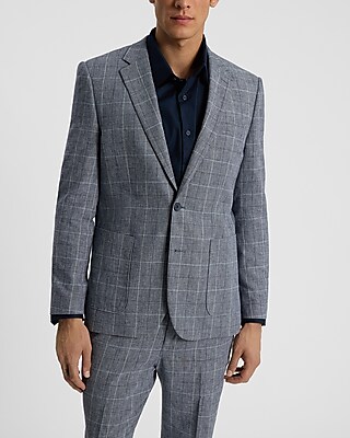 Extra Slim Navy Plaid Cotton-Linen Suit Jacket