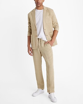 Slim Olive Beige Linen-Blend Suit Jacket