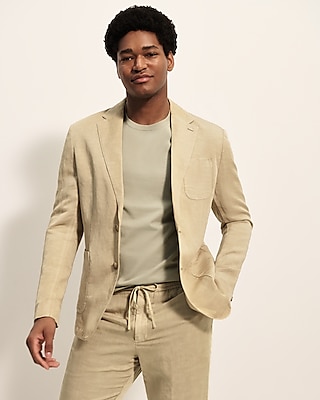 slim olive beige linen-blend suit jacket