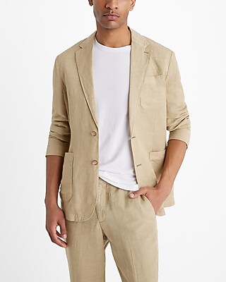 Slim Olive Beige Linen-Blend Suit Jacket