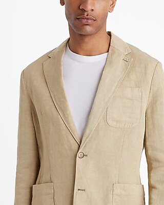 Slim Olive Beige Linen-Blend Suit Jacket
