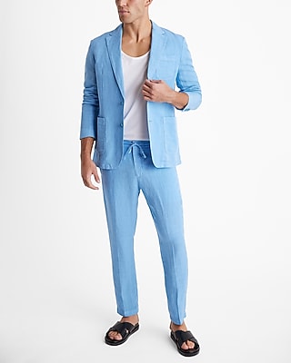 Slim Light Blue Linen-Blend Suit Jacket