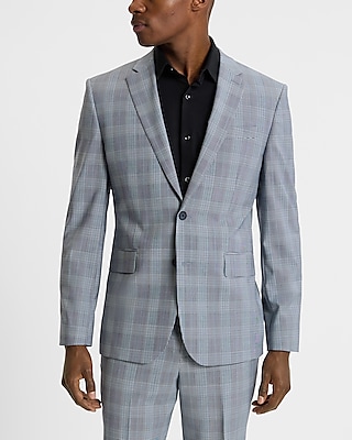 Extra Slim Blue Plaid Wool-Blend Modern Tech Suit Jacket