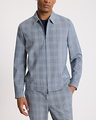 Extra Slim Blue Plaid Wool-blend Washable Modern Tech Zip Suit Jacket