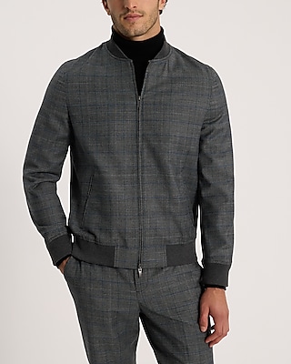 Slim Plaid Wool-Blend Stretch Flannel Bomber Suit Jacket