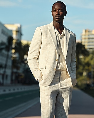 Slim White Plaid Cotton-Blend Boucle Suit Jacket