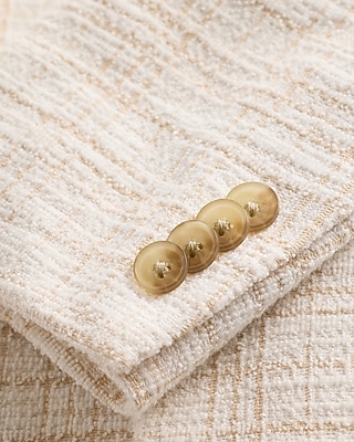 Slim White Plaid Cotton-Blend Boucle Suit Jacket