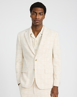 Slim White Plaid Cotton-Blend Boucle Suit Jacket