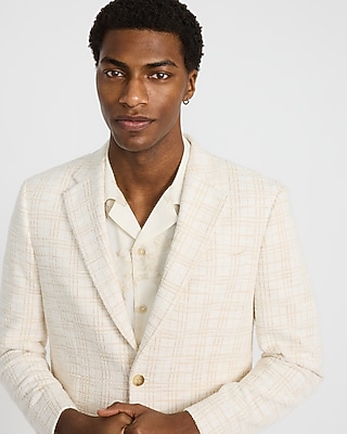 Slim White Plaid Cotton-Blend Boucle Suit Jacket