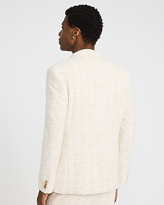 Slim White Plaid Cotton-Blend Boucle Suit Jacket