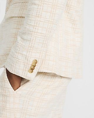 Slim White Plaid Cotton-Blend Boucle Suit Jacket