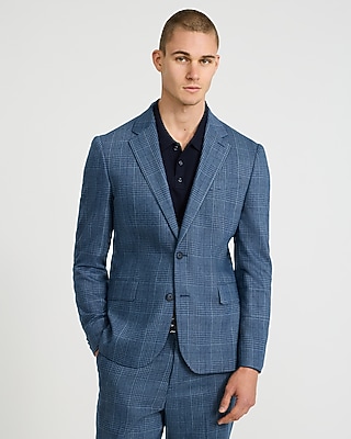 Slim Blue Plaid Wool-Blend Suit Jacket