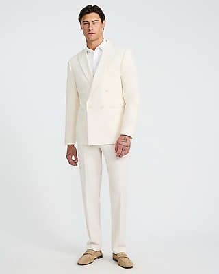 Slim Pearl White Cotton-Blend Double Breasted Seersucker Suit Jacket