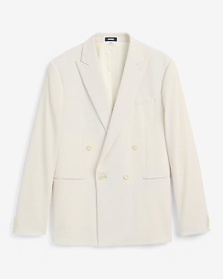 Slim Pearl White Cotton-Blend Double Breasted Seersucker Suit Jacket