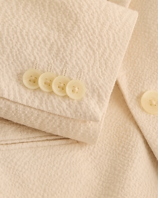 Slim Pearl White Cotton-Blend Double Breasted Seersucker Suit Jacket