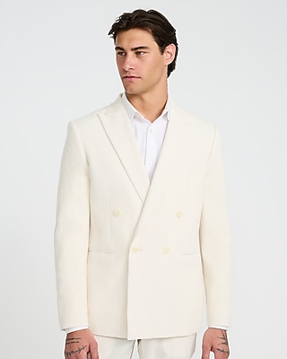 Slim Pearl White Cotton-Blend Double Breasted Seersucker Suit Jacket