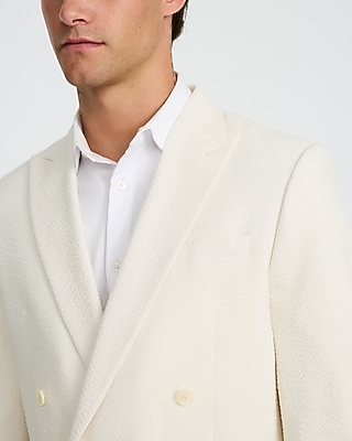 Slim Pearl White Cotton-Blend Double Breasted Seersucker Suit Jacket