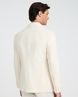 Slim Pearl White Cotton-Blend Double Breasted Seersucker Suit Jacket