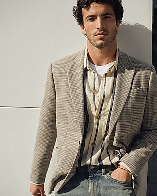 Slim Textured Brown Houndstooth Suit Jacket
