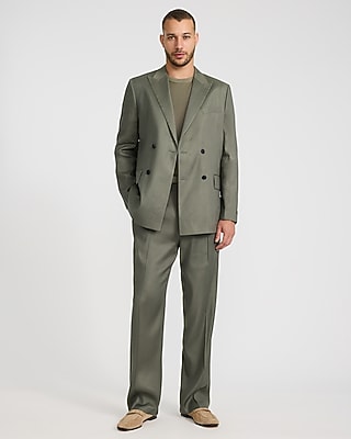 Relaxed Dusty Olive Linen-blend Double Breasted Suit Jacket