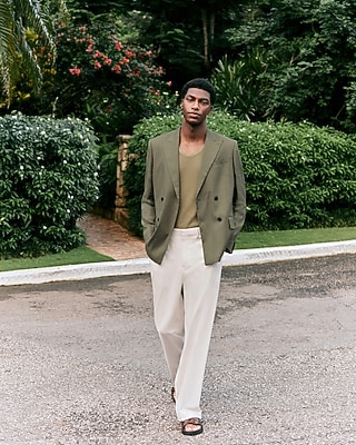 Relaxed Dusty Olive Linen-blend Double Breasted Suit Jacket
