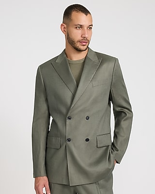 Relaxed Dusty Olive Linen-blend Double Breasted Suit Jacket