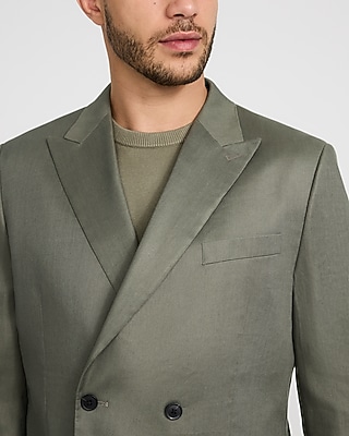 Relaxed Dusty Olive Linen-blend Double Breasted Suit Jacket