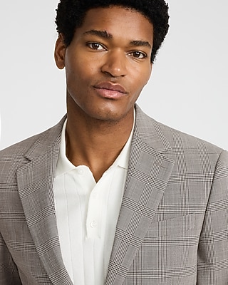 Slim Brown Plaid Stretch Suit Jacket