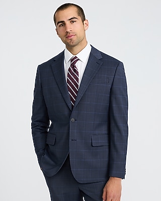 Classic Navy Plaid Wool-Blend Stretch Suit Jacket