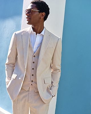 Relaxed Dusty Olive Linen-blend Double Breasted Suit Jacket | Express