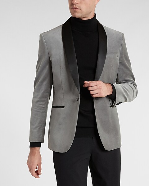 Slim Solid Gray Velvet Tuxedo Blazer