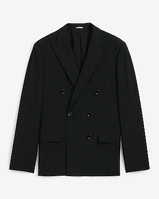 Classic Black Wool-Blend Washable Modern Tech Double Breasted Suit Jacket