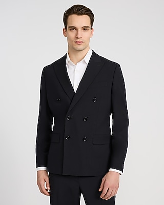Classic Black Wool-Blend Washable Modern Tech Double Breasted Suit Jacket
