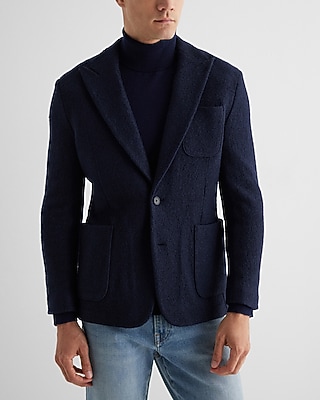 Slim Navy Textured Boucle Wool-Blend Blazer