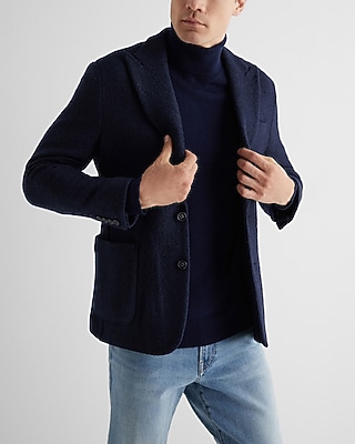 Slim Navy Textured Boucle Wool-Blend Blazer
