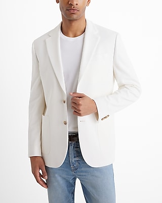 Slim Eggshell White Pique Cotton-Blend Blazer