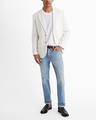 Slim Eggshell White Pique Cotton-Blend Blazer