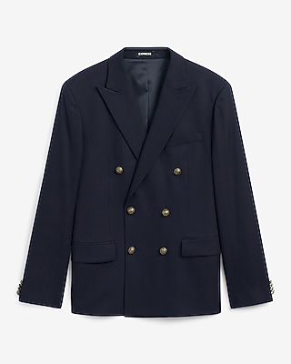 Classic Navy Herringbone Double Breasted Novelty Button Blazer