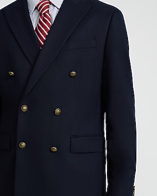 Classic Navy Herringbone Double Breasted Novelty Button Blazer
