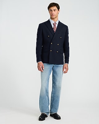 Classic Navy Herringbone Double Breasted Novelty Button Blazer