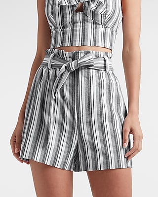 High Waisted Belted Striped Shorts