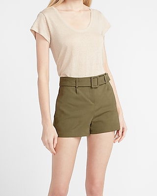 white high waisted belted shorts