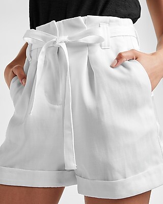 super high waisted belted linen-blend cuffed shorts