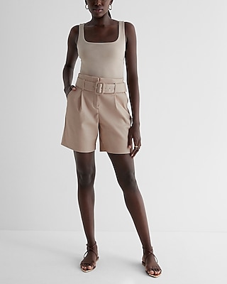 Super High Waisted Faux Leather Belted Bermuda Shorts