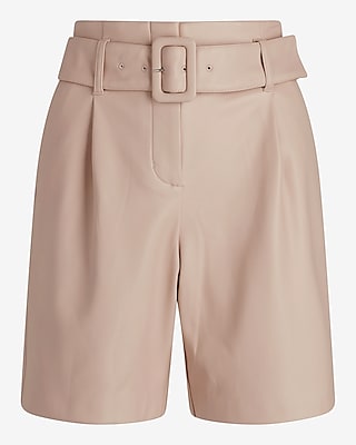 Super High Waisted Faux Leather Belted Bermuda Shorts