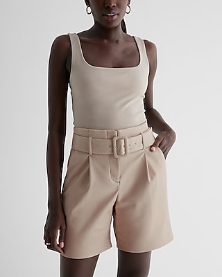 Super High Waisted Faux Leather Belted Bermuda Shorts