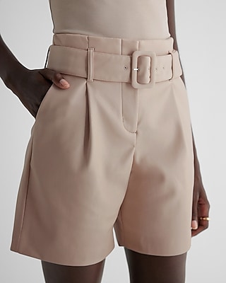 Super High Waisted Faux Leather Belted Bermuda Shorts