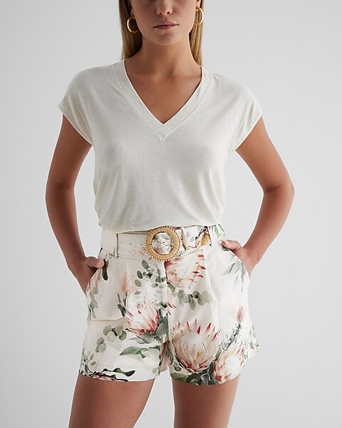 Stylist Super High Waisted Linen-blend Floral Belted Shorts