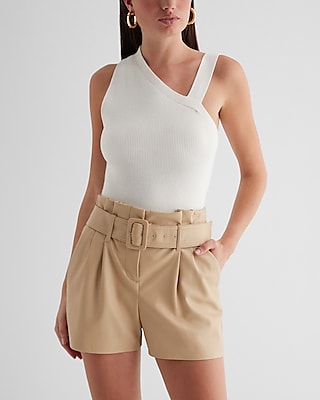 Super High Waisted Faux Leather Belted Paperbag Shorts